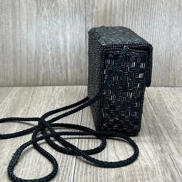 Alfred Sung Handmade Embellished Beaded Basketweave Crossbody Purse Bag Black - Picture 4 of 8